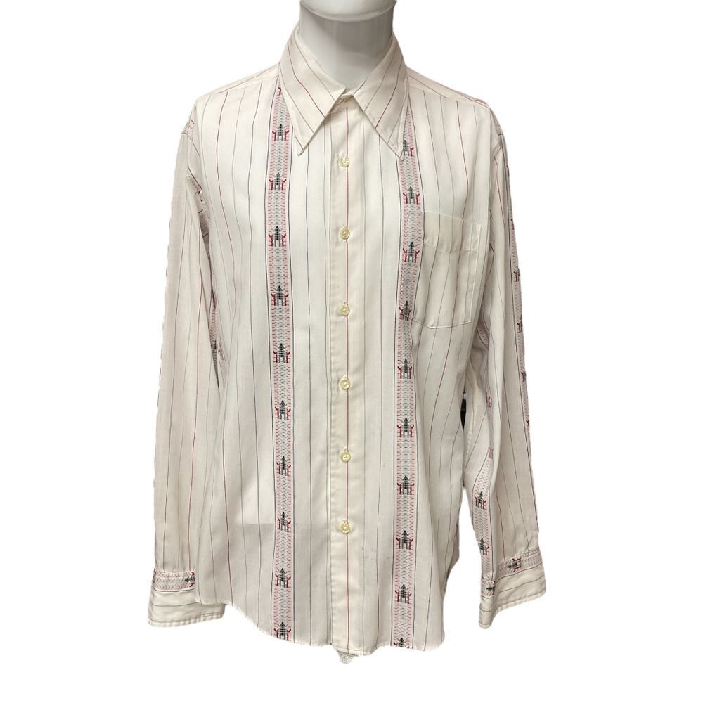 Vintage Silcron Geometric Striped Pattern Button Down‎ Shirt Mens Sz M Dagger